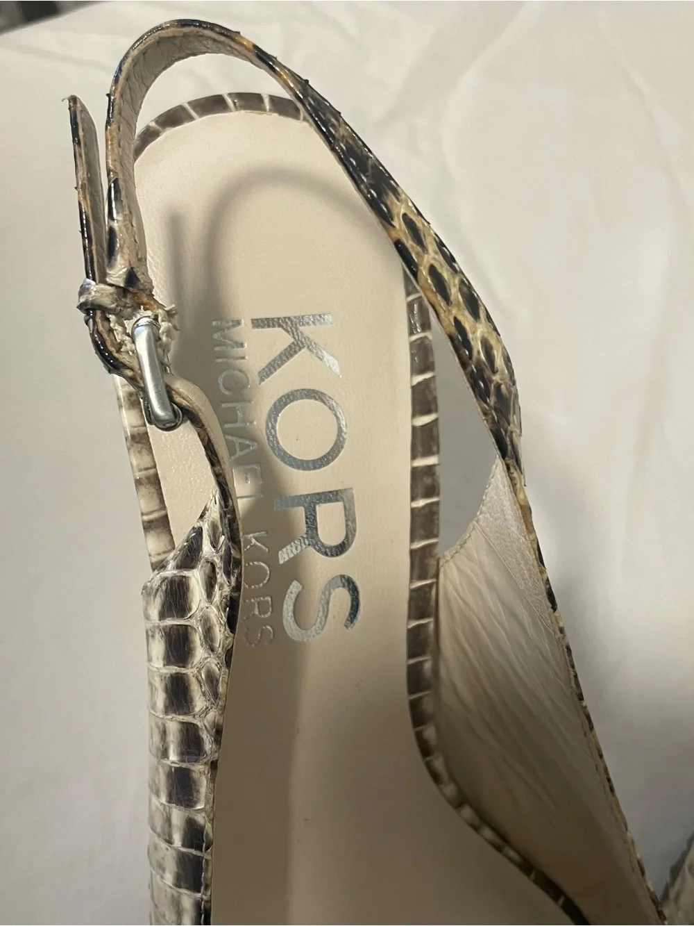 KORS Michael Kors Beige and Black Snake-Print Slingback Pumps